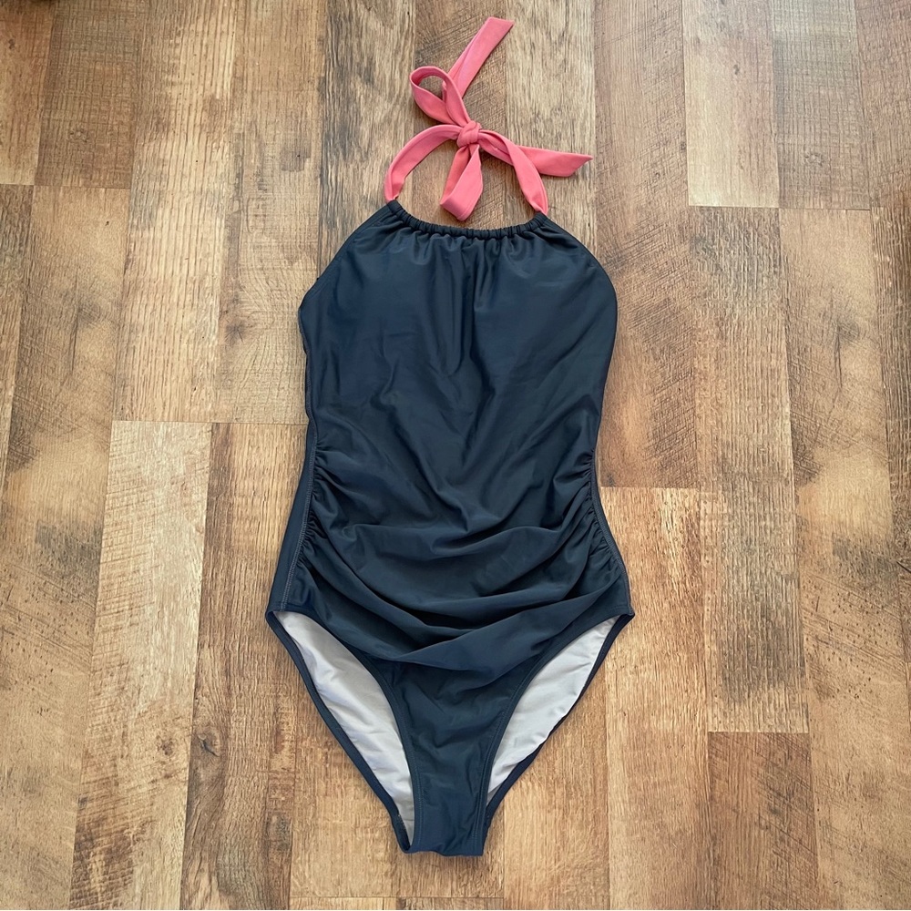 Sweaty Betty Dark Gray One-Piece Swimsuit with Peach Halter Tie